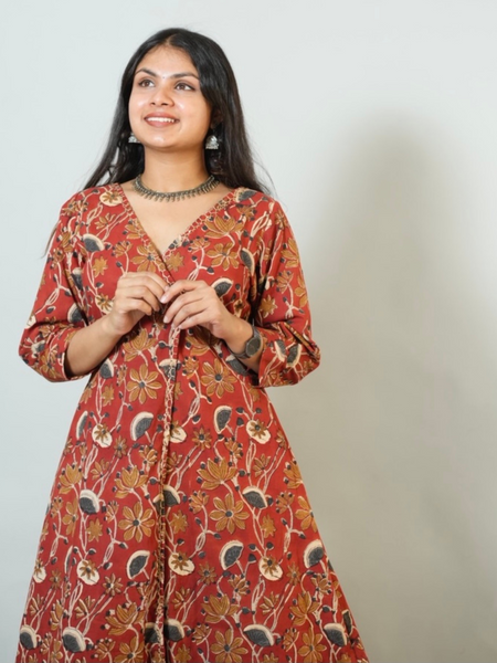 Meera Hand Block Printed Angrakha Pattern Kurta With Hand Embroidery Details
