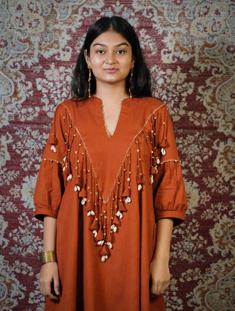 MITTI-Terracotta Embellished Dress cum Kurta Palazzo Set