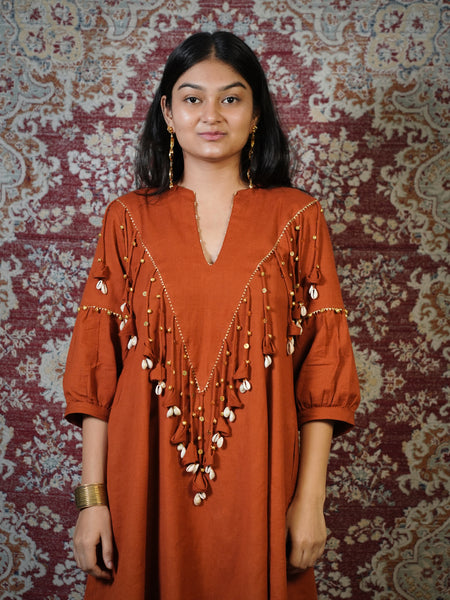 MITTI-Terracotta Embellished Dress cum Kurta Palazzo Set