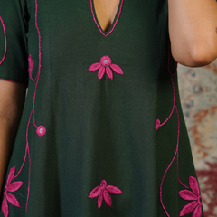 LEHER-Emerald Green Handcrafted Floral Dress cum Kurta Pant Set