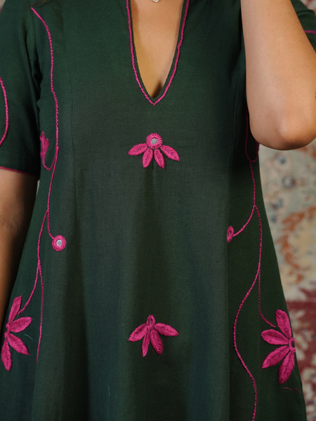 LEHER-Emerald Green Handcrafted Floral Dress cum Kurta Pant Set
