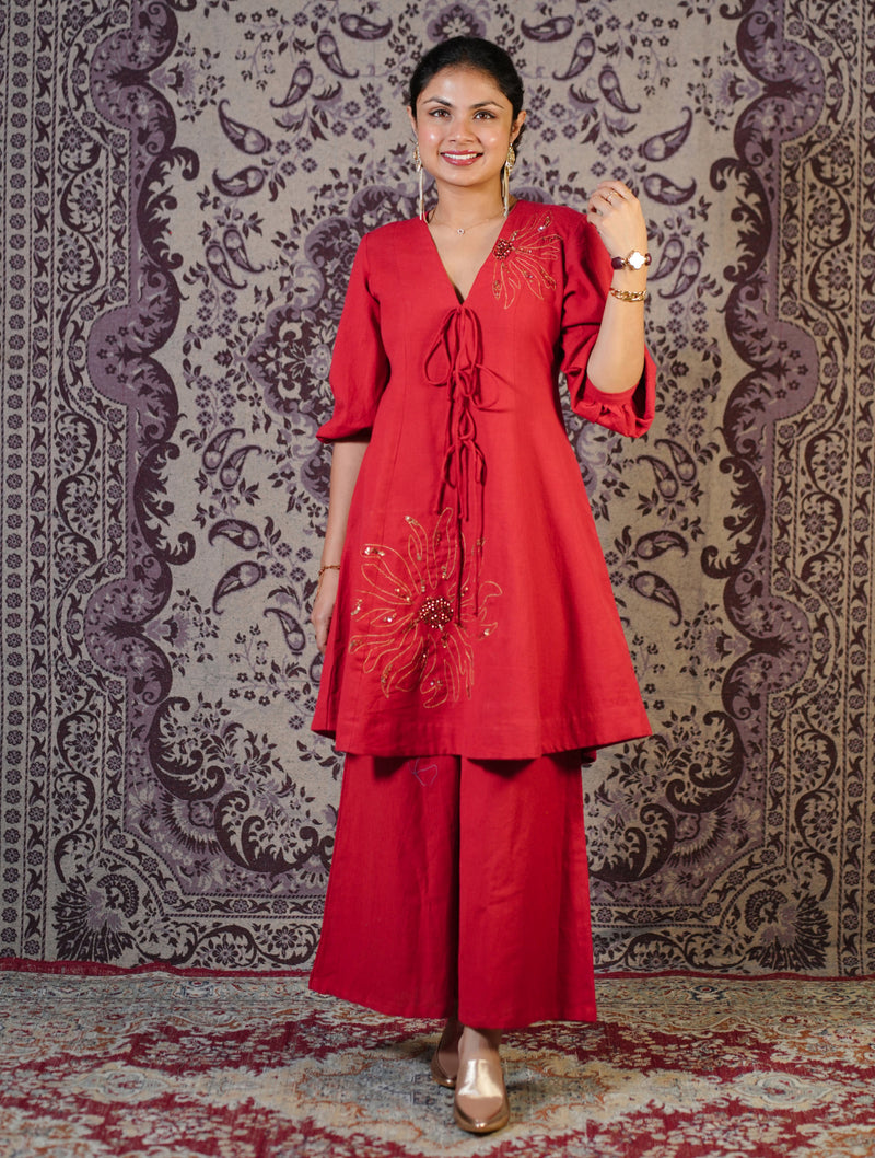 Surajmukhi Red Hand Embroidered Co-ord Set with Palazzo