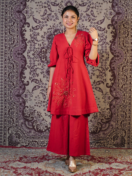 Surajmukhi Red Hand Embroidered Co-ord Set with Palazzo