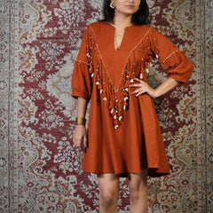 MITTI-Terracotta Embellished Dress cum Kurta Palazzo Set