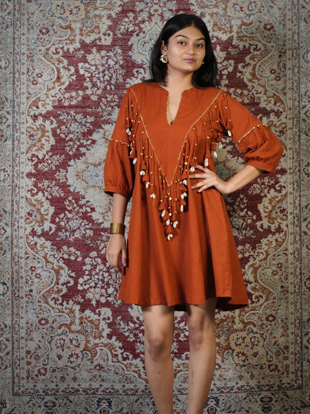 MITTI-Terracotta Embellished Dress cum Kurta Palazzo Set