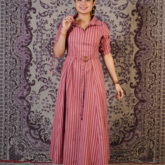 Rangrez Rose Stripe Cotton Maxi Dress with Ruched Sleeves