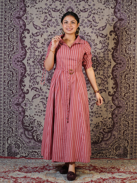 Rangrez Rose Stripe Cotton Maxi Dress with Ruched Sleeves