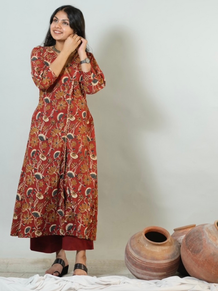 Meera Hand Block Printed Angrakha Pattern Kurta With Hand Embroidery Details