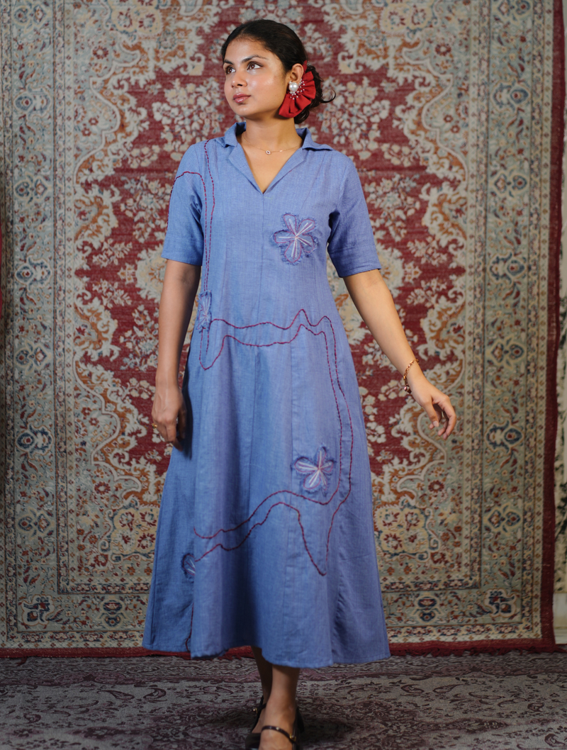Powder Blue Handcrafted Embroidered Midi Dress