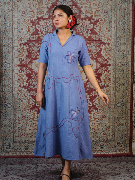 Powder Blue Handcrafted Embroidered Midi Dress
