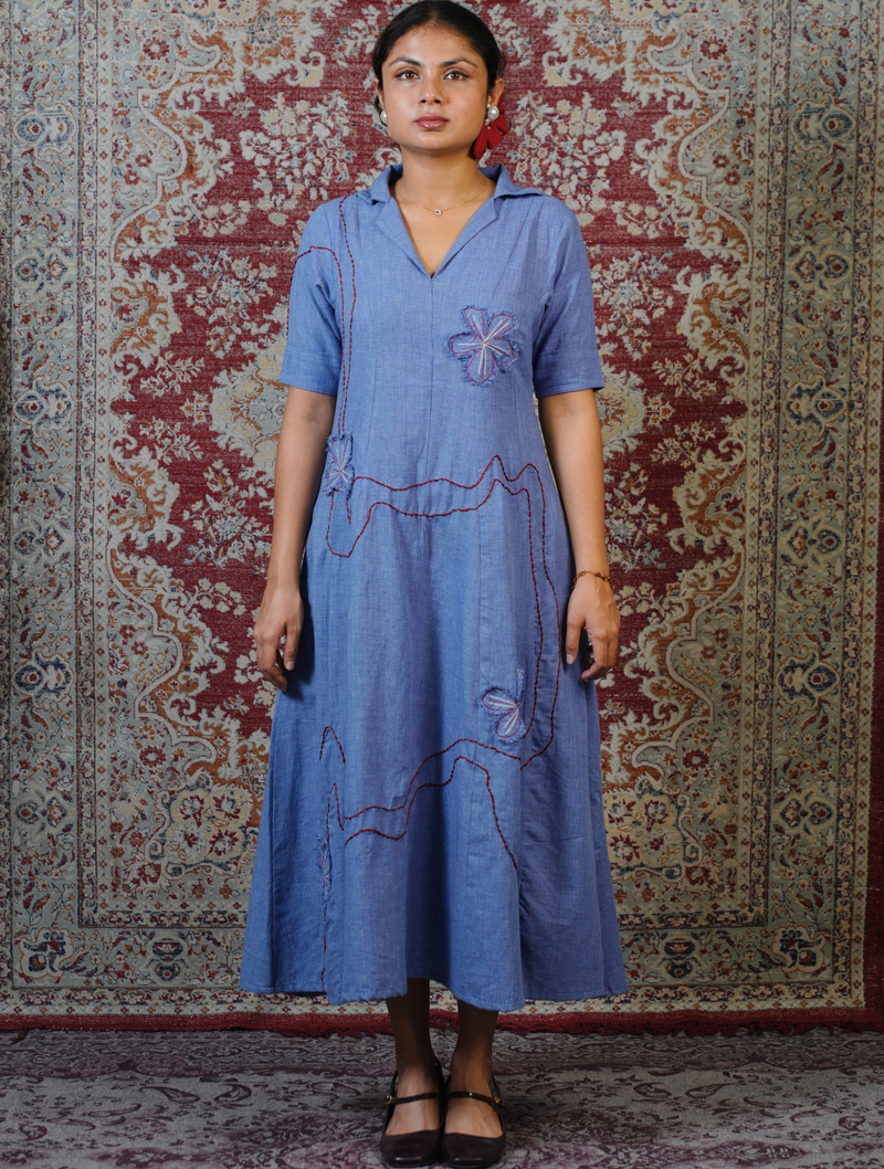 Powder Blue Handcrafted Embroidered Midi Dress