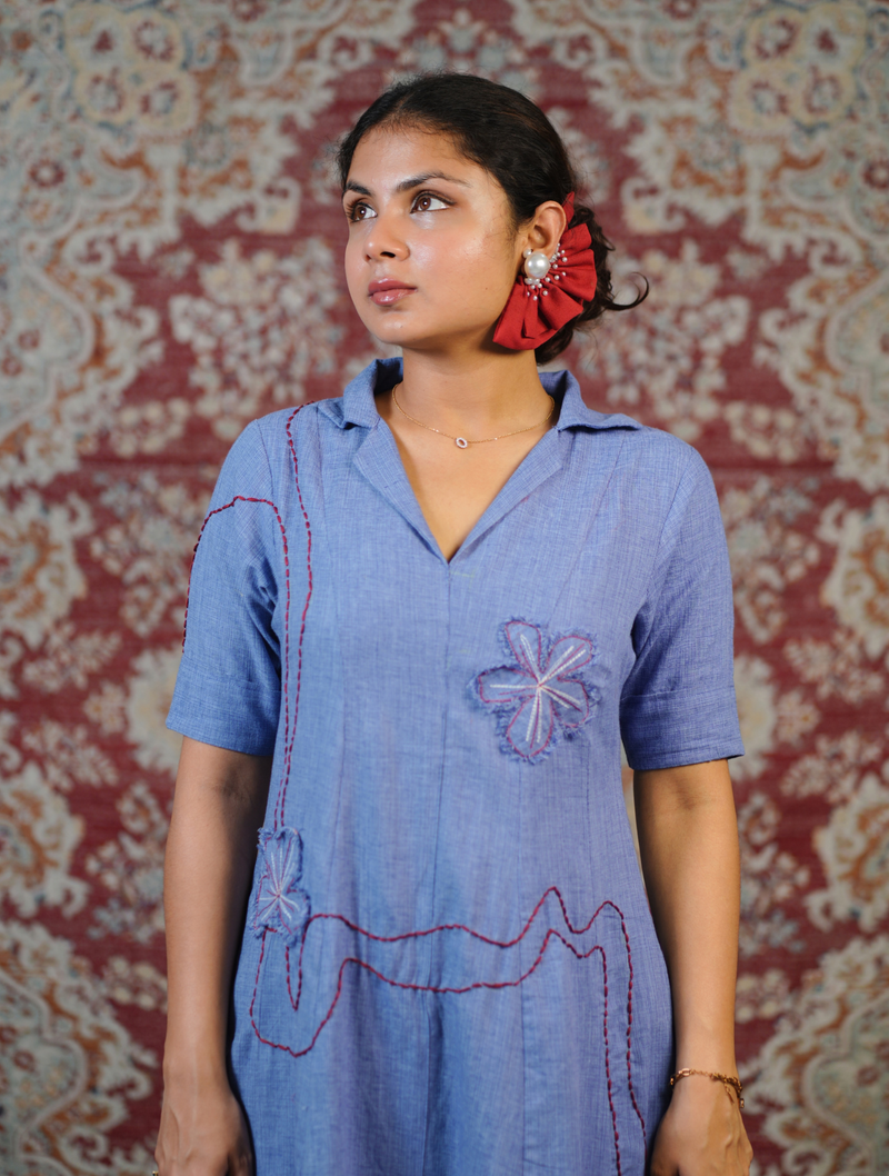 Powder Blue Handcrafted Embroidered Midi Dress