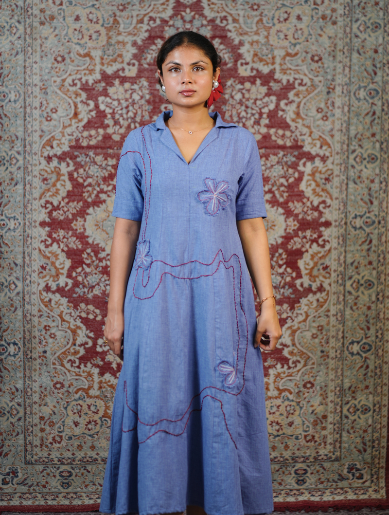 Powder Blue Handcrafted Embroidered Midi Dress
