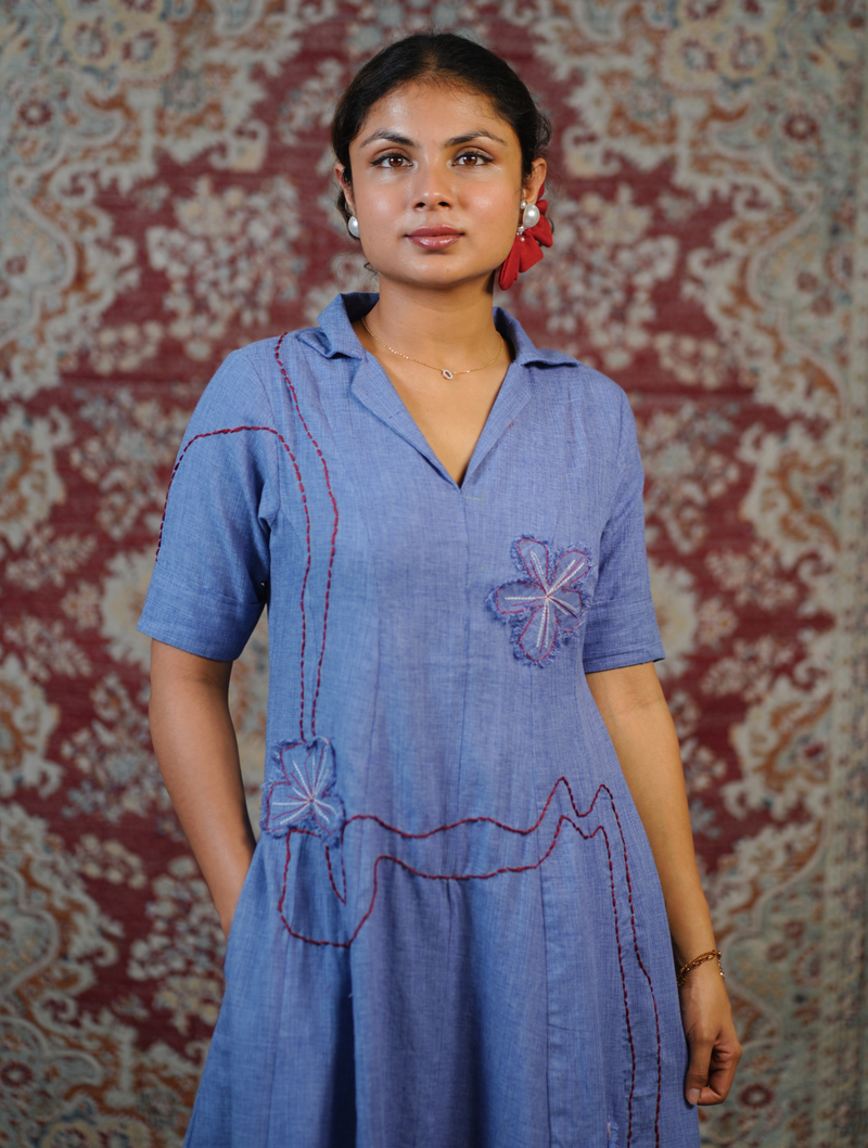 Powder Blue Handcrafted Embroidered Midi Dress