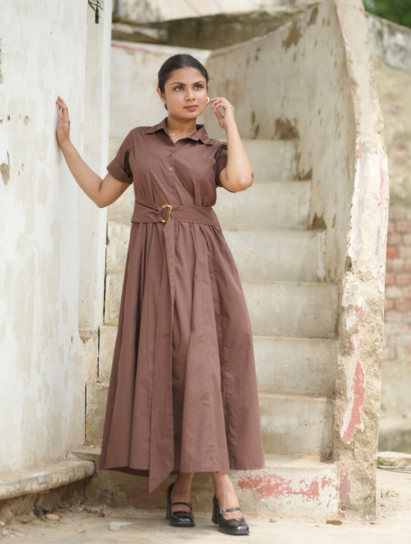 Bean Brown Cotton Fit & Flare Maxi Dress with Belt
