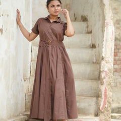 Bean Brown Cotton Fit & Flare Maxi Dress with Belt