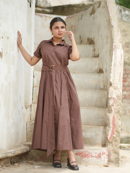 Bean Brown Cotton Fit & Flare Maxi Dress with Belt