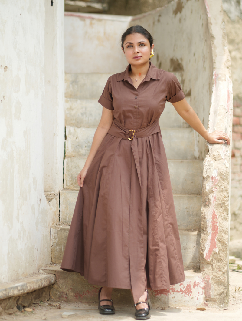 Bean Brown Cotton Fit & Flare Maxi Dress with Belt