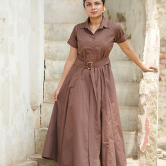 Bean Brown Cotton Fit & Flare Maxi Dress with Belt