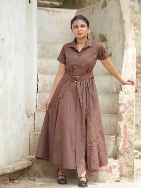 Bean Brown Cotton Fit & Flare Maxi Dress with Belt