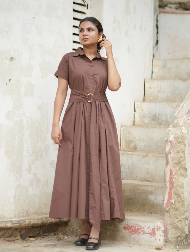 Bean Brown Cotton Fit & Flare Maxi Dress with Belt