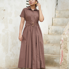 Bean Brown Cotton Fit & Flare Maxi Dress with Belt