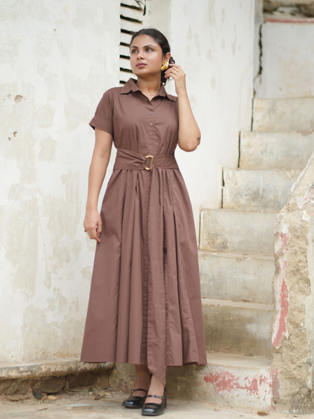 Bean Brown Cotton Fit & Flare Maxi Dress with Belt