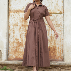 Bean Brown Cotton Fit & Flare Maxi Dress with Belt