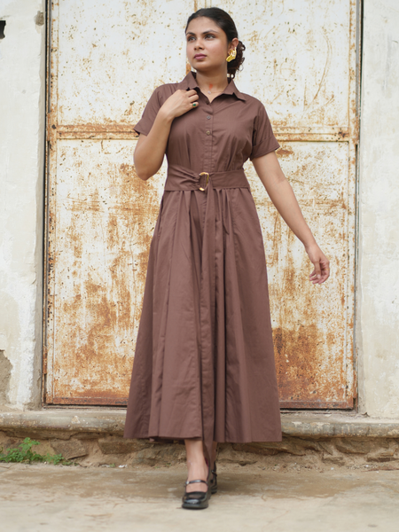 Bean Brown Cotton Fit & Flare Maxi Dress with Belt