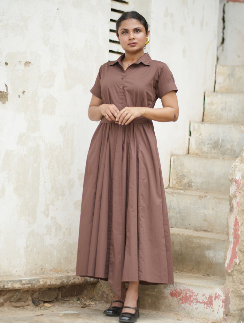Bean Brown Cotton Fit & Flare Maxi Dress with Belt