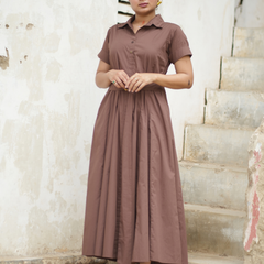 Bean Brown Cotton Fit & Flare Maxi Dress with Belt