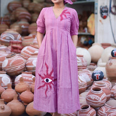 Woman wearing a pink 100% cotton gingham maxi dress with artistic sun motif print, V-neck, three-quarter sleeves, and side pockets, standing among handcrafted clay pottery.