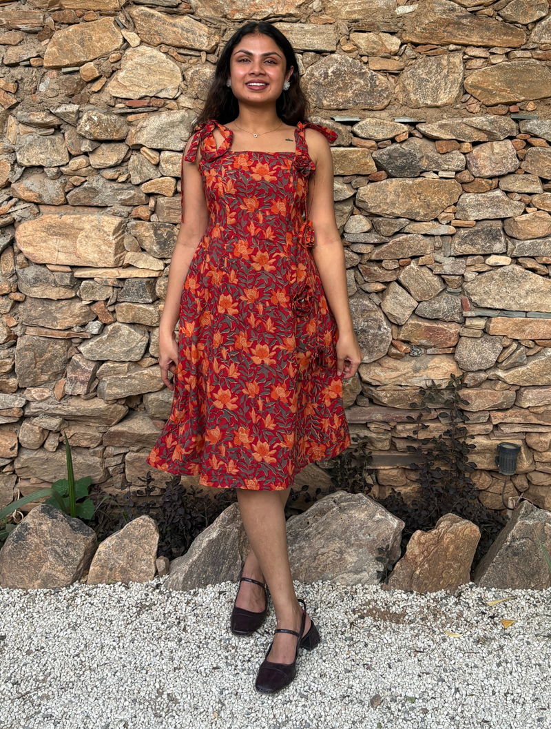 Rust Red Floral Tie-Up Shoulder Fit & Flare Dress for Women