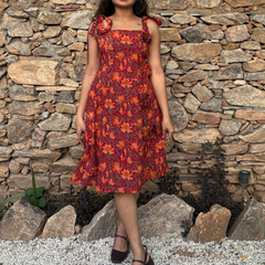 Rust Red Floral Tie-Up Shoulder Fit & Flare Dress for Women