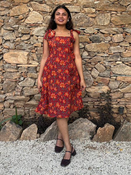 Rust Red Floral Tie-Up Shoulder Fit & Flare Dress for Women