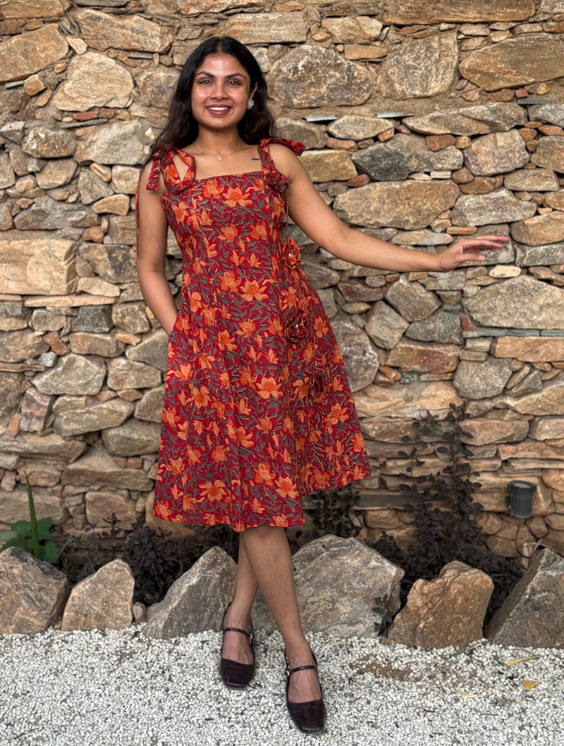 Rust Red Floral Tie-Up Shoulder Fit & Flare Dress for Women