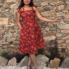 Rust Red Floral Tie-Up Shoulder Fit & Flare Dress for Women