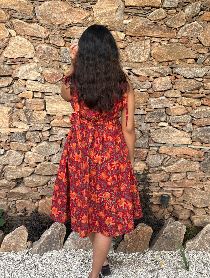Rust Red Floral Tie-Up Shoulder Fit & Flare Dress for Women