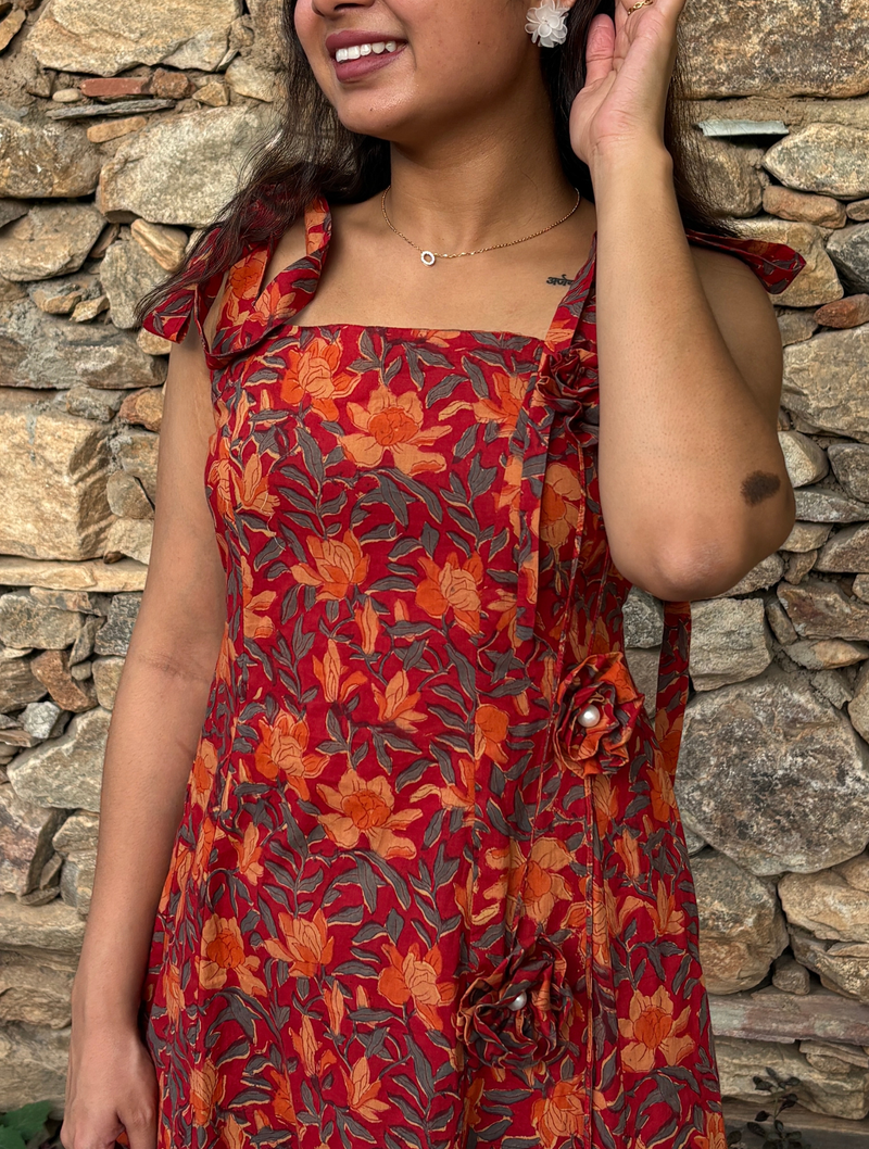 Rust Red Floral Tie-Up Shoulder Fit & Flare Dress for Women