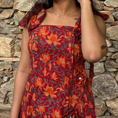 Rust Red Floral Tie-Up Shoulder Fit & Flare Dress for Women