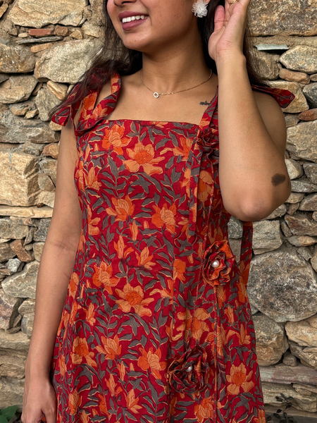 Rust Red Floral Tie-Up Shoulder Fit & Flare Dress for Women