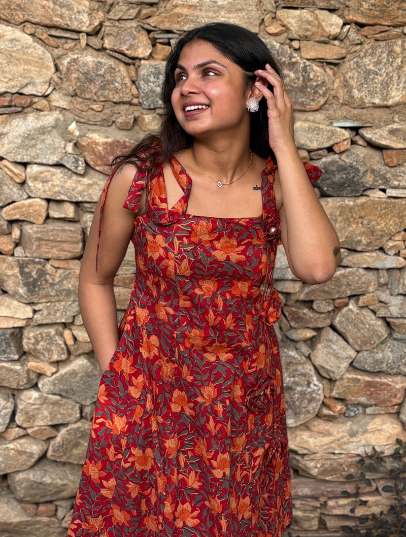 Rust Red Floral Tie-Up Shoulder Fit & Flare Dress for Women