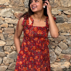 Rust Red Floral Tie-Up Shoulder Fit & Flare Dress for Women