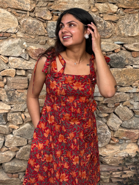 Rust Red Floral Tie-Up Shoulder Fit & Flare Dress for Women