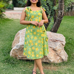 Green Floral Tie-Up Shoulder A-Line Dress for Women