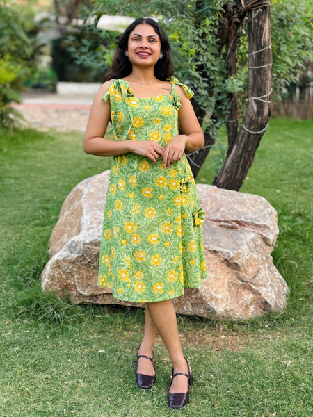 Green Floral Tie-Up Shoulder A-Line Dress for Women