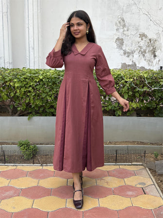 Rosewood Pleat Midi Cotton Flax Dress