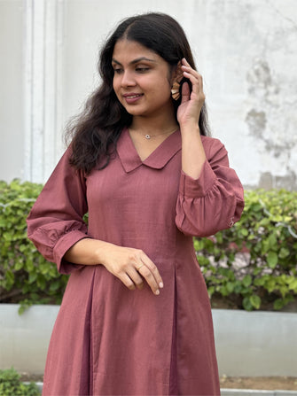 Rosewood Pleat Midi Cotton Flax Dress