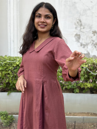 Rosewood Pleat Midi Cotton Flax Dress