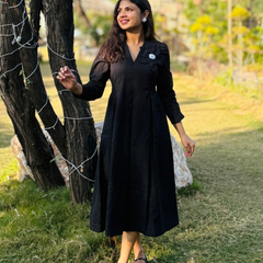 Black Petal Cotton Flax Dress With Hand Stitched Flower